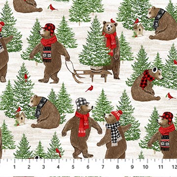 Beary Merry Christmas Forest Bears White Multi Deborah Edwards Northcott Studio Cotton Fabric