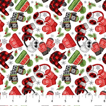 Beary Merry Christmas Hat Toss White Multi Deborah Edwards Northcott Studio Cotton Fabric