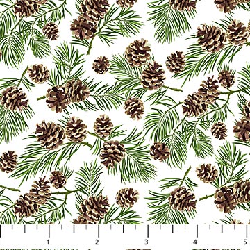 Beary Merry Christmas Pine Cones White Multi Deborah Edwards Northcott Studio Cotton Fabric