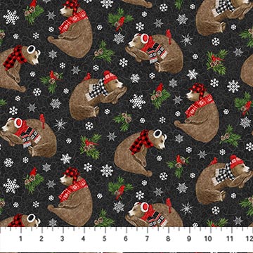 Beary Merry Christmas Tossed Bears Black Multi Deborah Edwards Northcott Studio Cotton Fabric