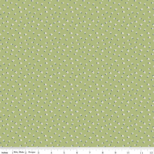 Bee Dots Lillian Retro Tossed White Flowers Floral Lettuce Green Lori Holt Riley Blake Cotton Fabric