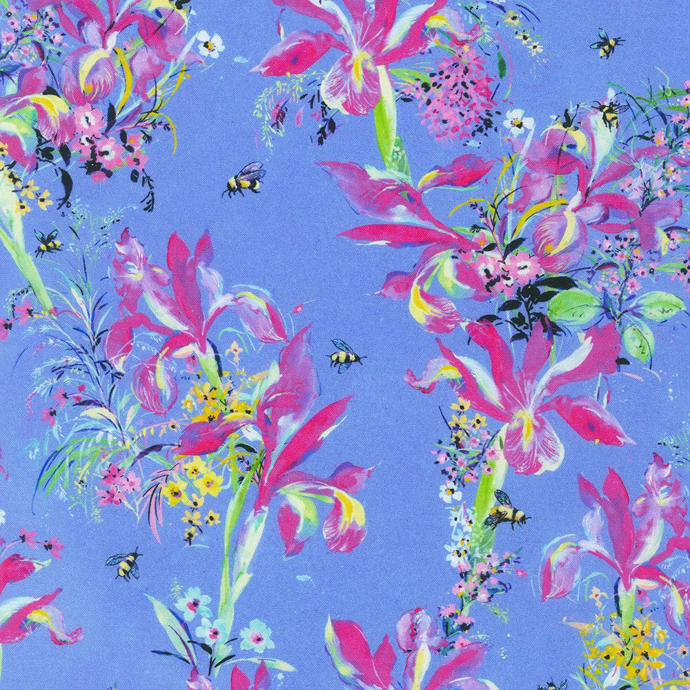 Bee Free Bee Flowers Hyacinth Blue Lauren Wan Robert Kaufman Cotton Fabric