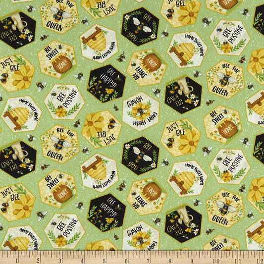 Bee You! Tossed Honeycomb Green Shelly Comiskey Henry Glass Cotton Fabric