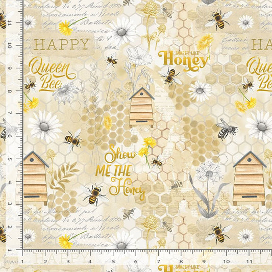 Bee & Bee Kind Honey Bee Collage Beige Timeless Treasures Cotton Fabric TT-BEE-CD3263-BEIGE