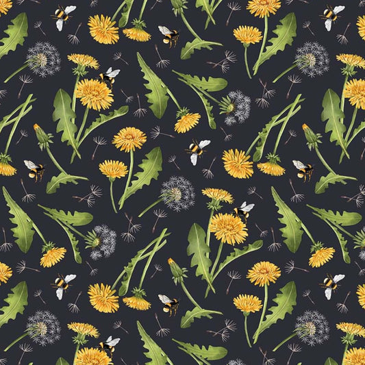 Beecroft Dandelion Toss Charcoal Black Multi Deborah Edwards Northcott Cotton Fabric