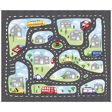 Beep! Beep! Transportation Gray Panel 36” Nicole DeCamp Quilting Treasures Cotton Fabric