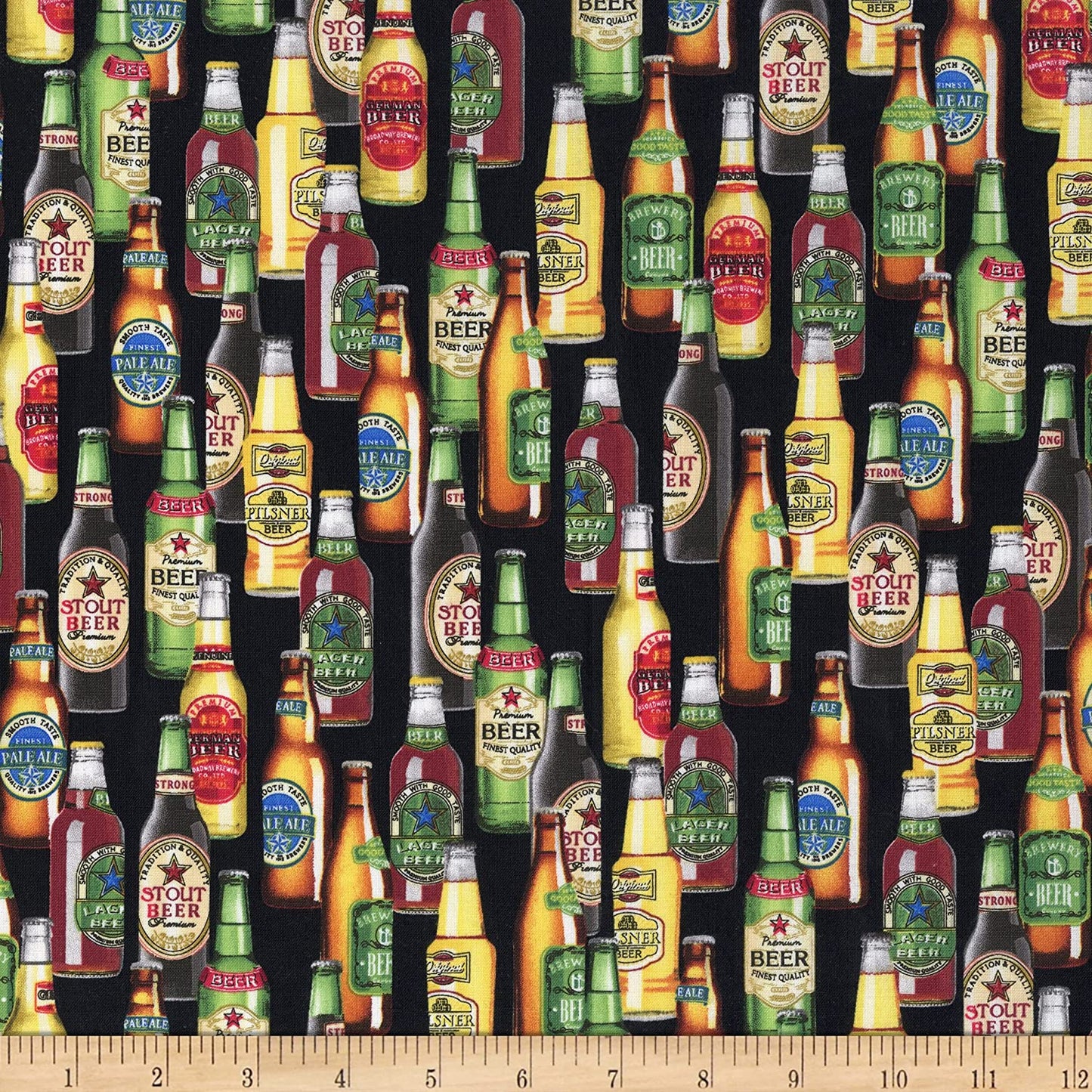 Beer Tasty Beer Bottles Black Octoberfest Timeless Treasures Cotton Fabric