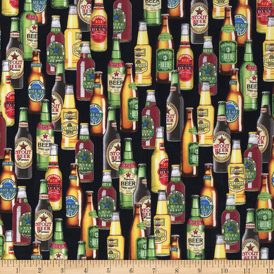 Beer Tasty Beer Bottles Black Octoberfest Timeless Treasures Cotton Fabric