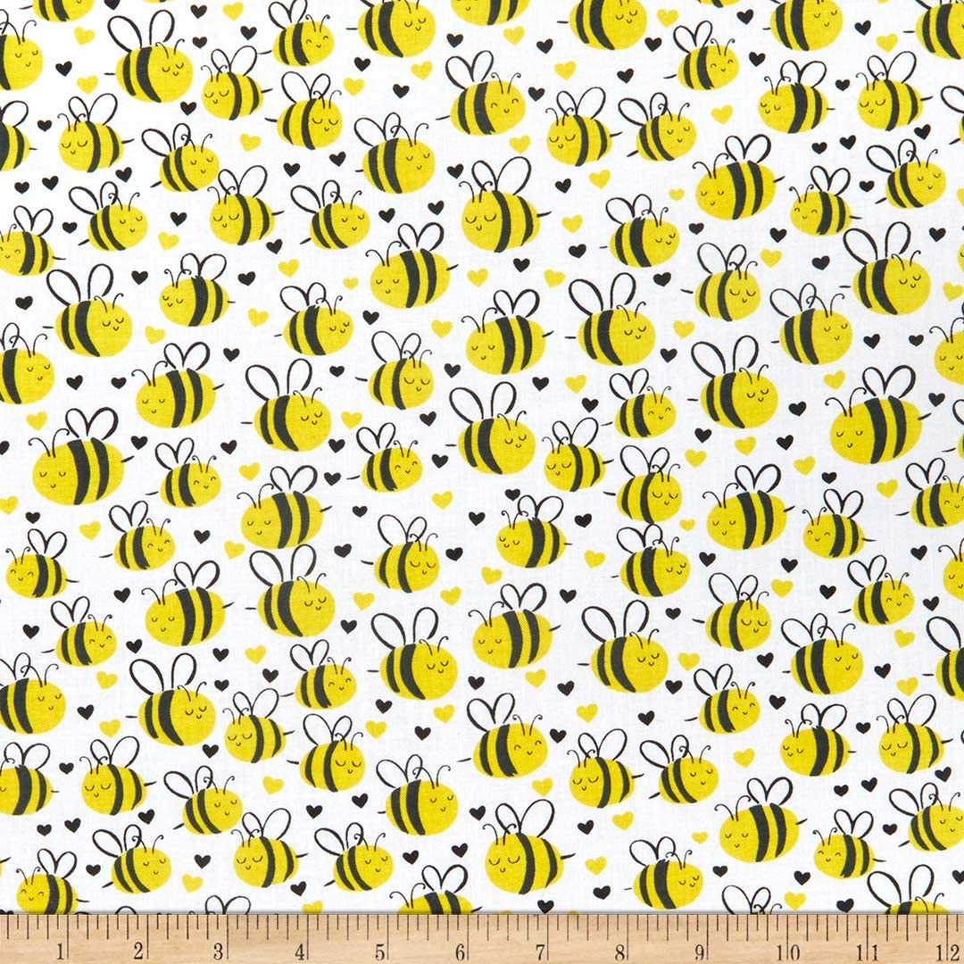 Bees What's The Buzz Cute Plump Bees White Timeless Treasures Cotton Fabric