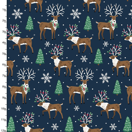 Believe Reindeer Navy Beth Albert 3 Wishes Cotton Fabric