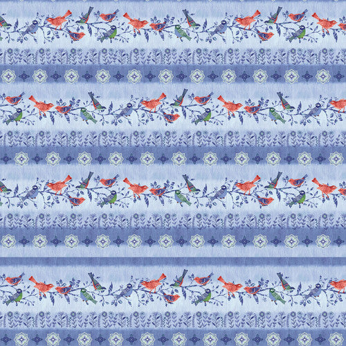 Bella Blue Birds Border Stripe Light Blue Jennifer Brinley Studio E Cotton Fabric