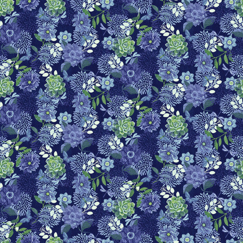 Bella Blue Birds Large Floral Indigo Blue Jennifer Brinley Studio E Cotton Fabric