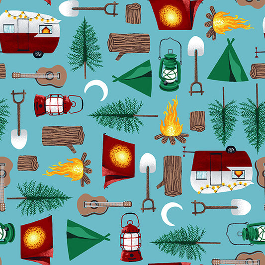 Beneath the Stars Camping Icons Light Blue Grace Popp Studio E Cotton Fabric