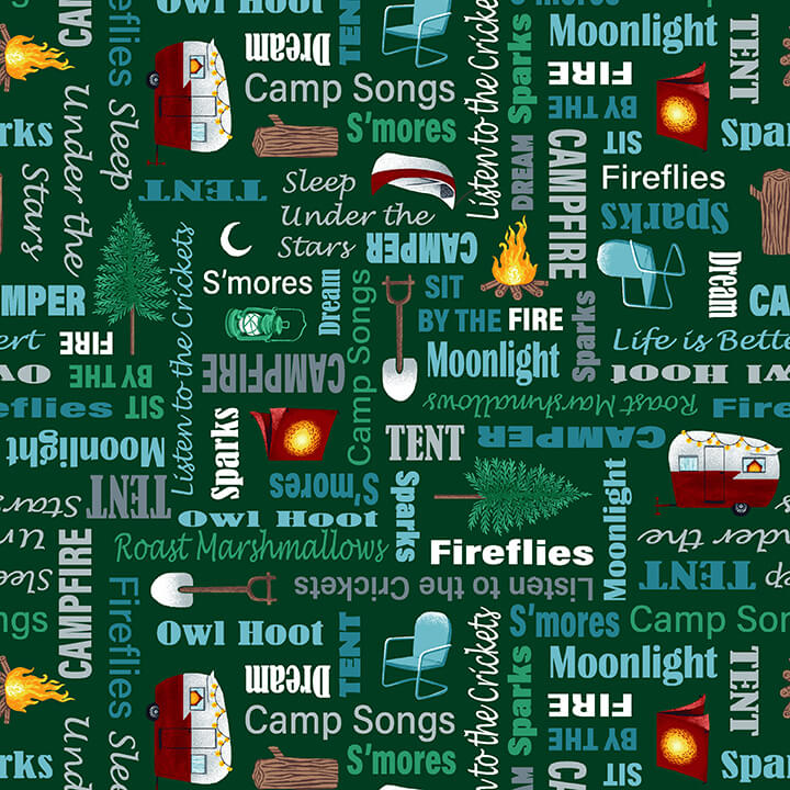 Beneath the Stars Tone on Tone Campsite Words Forest Green Grace Popp Studio E Cotton Fabric