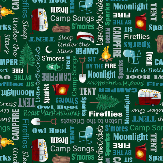 Beneath the Stars Tone on Tone Campsite Words Forest Green Grace Popp Studio E Cotton Fabric