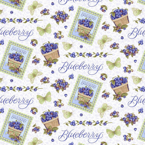 Berrylicious Allover Blueberries White Blue Jane Shasky Henry Glass Cotton Fabric HG-1575-17