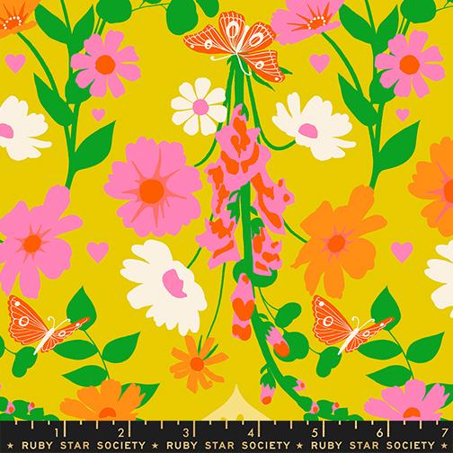 Best Day Ever Foxgloves Floral Butterflies Retro Golden Hour Yellow Melody Miller Ruby Star Society Moda Cotton Fabric MD-RS0106-11