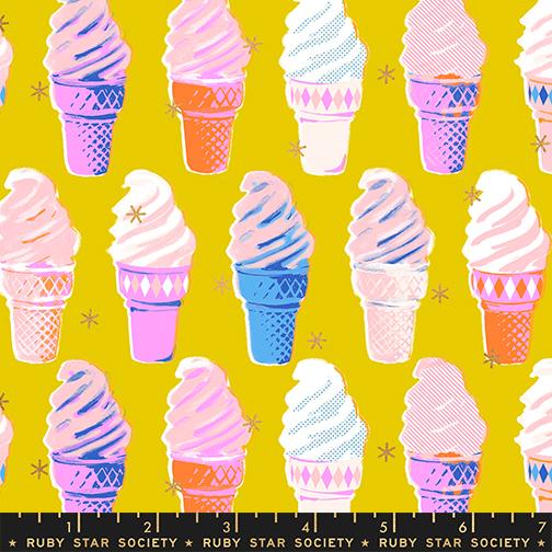 Best Day Ever Ice Cream Golden Yellow Metallic Melody Miller Ruby Star Society Moda Cotton Fabric MD-RS0105-13M