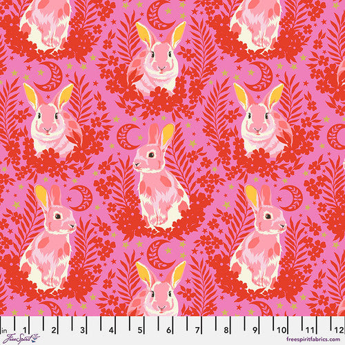 Besties Hop To It Rabbit Blossom Pink Green Metallic Tula Pink Free Spirit Cotton Fabric