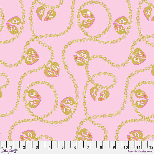 Besties Lil Charmer Broken Heart Blossom Pink Metallic Tula Pink Free Spirit Cotton Fabric