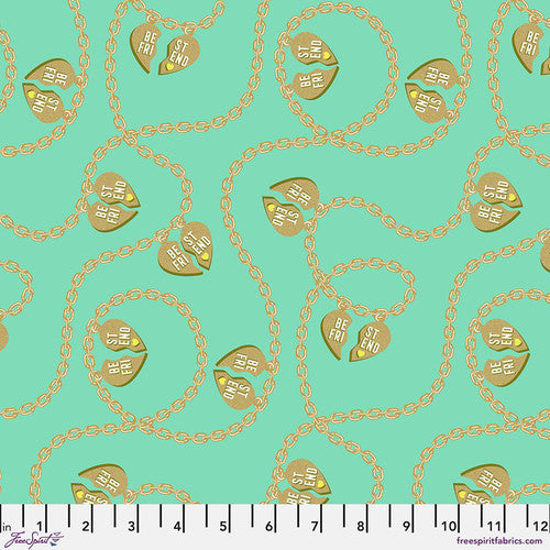 Besties Lil Charmer Broken Heart Meadow Green Metallic Tula Pink Free Spirit Cotton Fabric