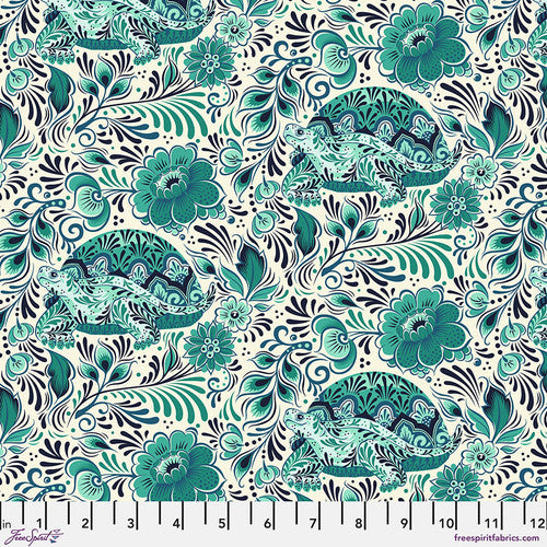 Besties No Rush Floral Turtle Bluebell Green Metallic Tula Pink Free Spirit Cotton Fabric