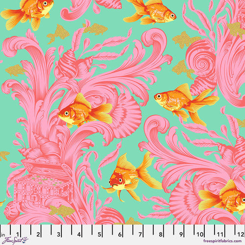 Besties Treading Water Fish Blossom Pink Green Metallic Tula Pink Free Spirit Cotton Fabric