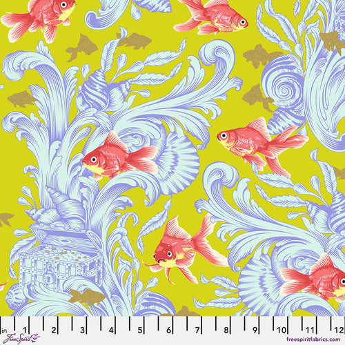 Besties Treading Water Fish Clover Yellow Metallic Tula Pink Free Spirit Cotton Fabric