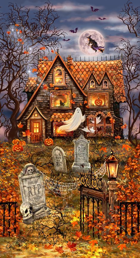 Bewitched Haunted House Panel 24" Dona Gelsinger Timeless Treasures Cotton Fabric