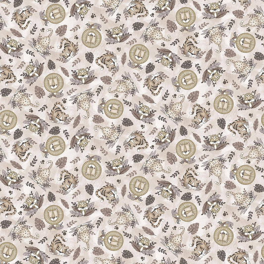 Big Kitties Lion Tiger Toss Beige Shelly Comisky Henry Glass Cotton Fabric HG-1630-49