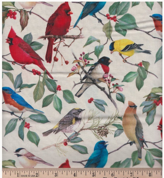 Bird and Hollies Cream Multi David Textiles Cotton Fabric DT-WW-3114-9C-1