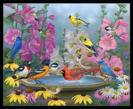 Birdbath Gathering Panel 36" Russ Duerksen Elizabeth's Studio Cotton Fabric