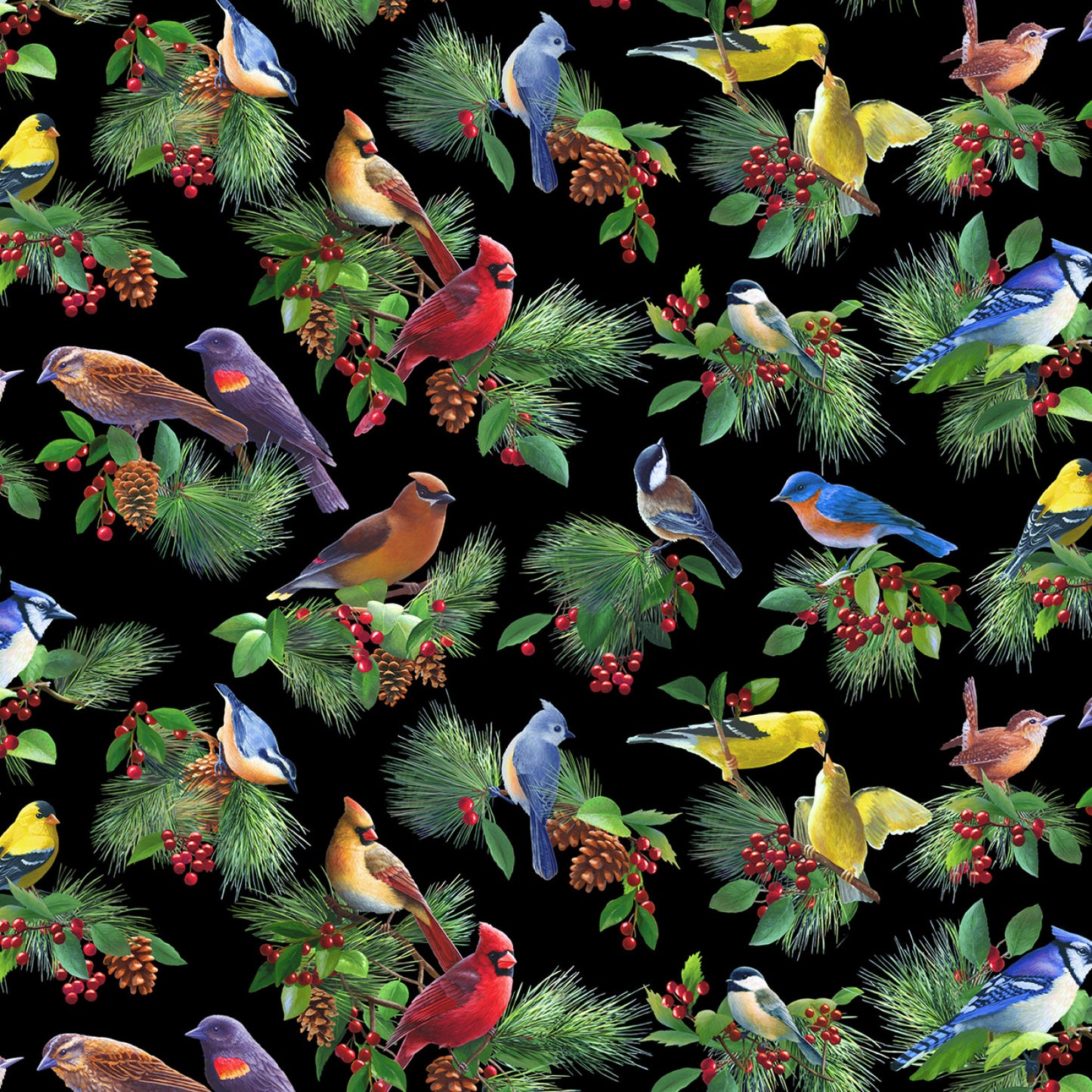 Birds & Berries Allover Birds Black Bradley Jackson Elizabeth's Studio Cotton Fabric