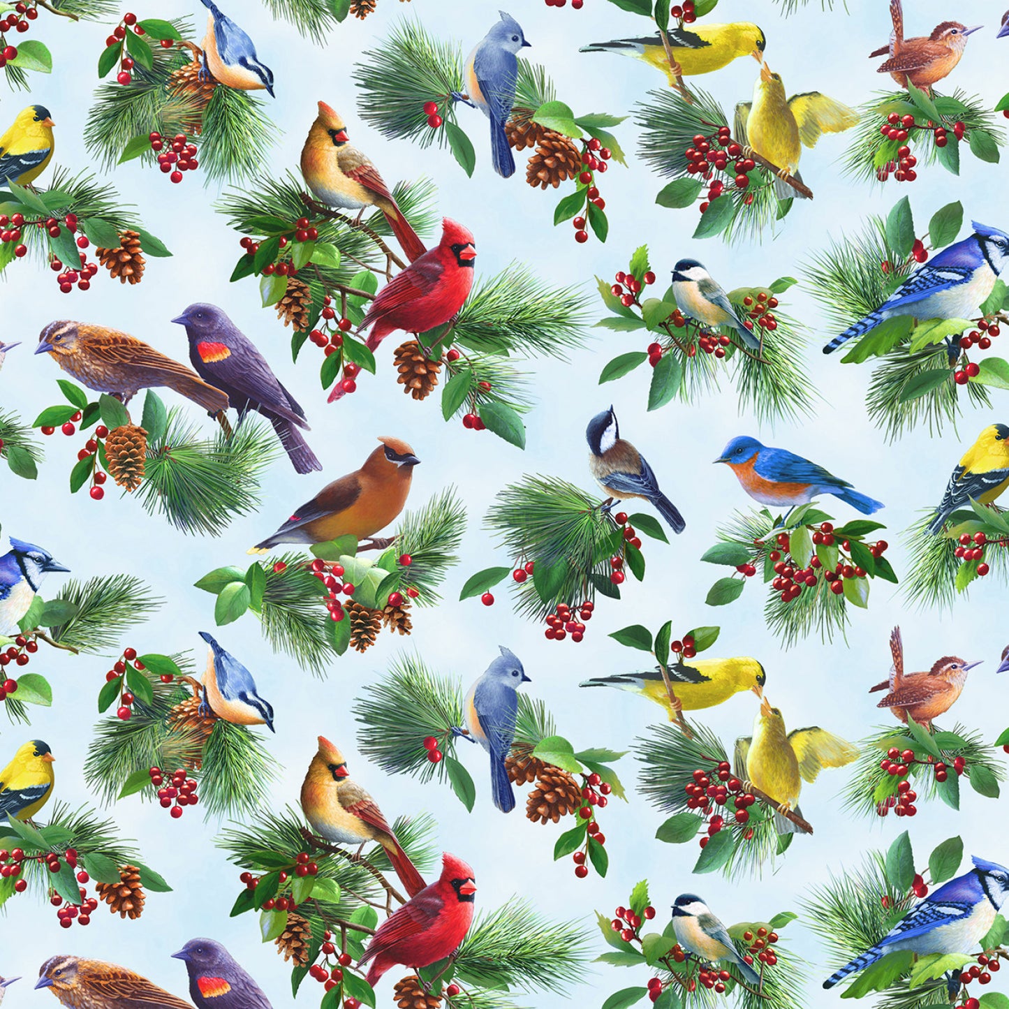 Birds & Berries Allover Birds Blue Bradley Jackson Elizabeth's Studio Cotton Fabric