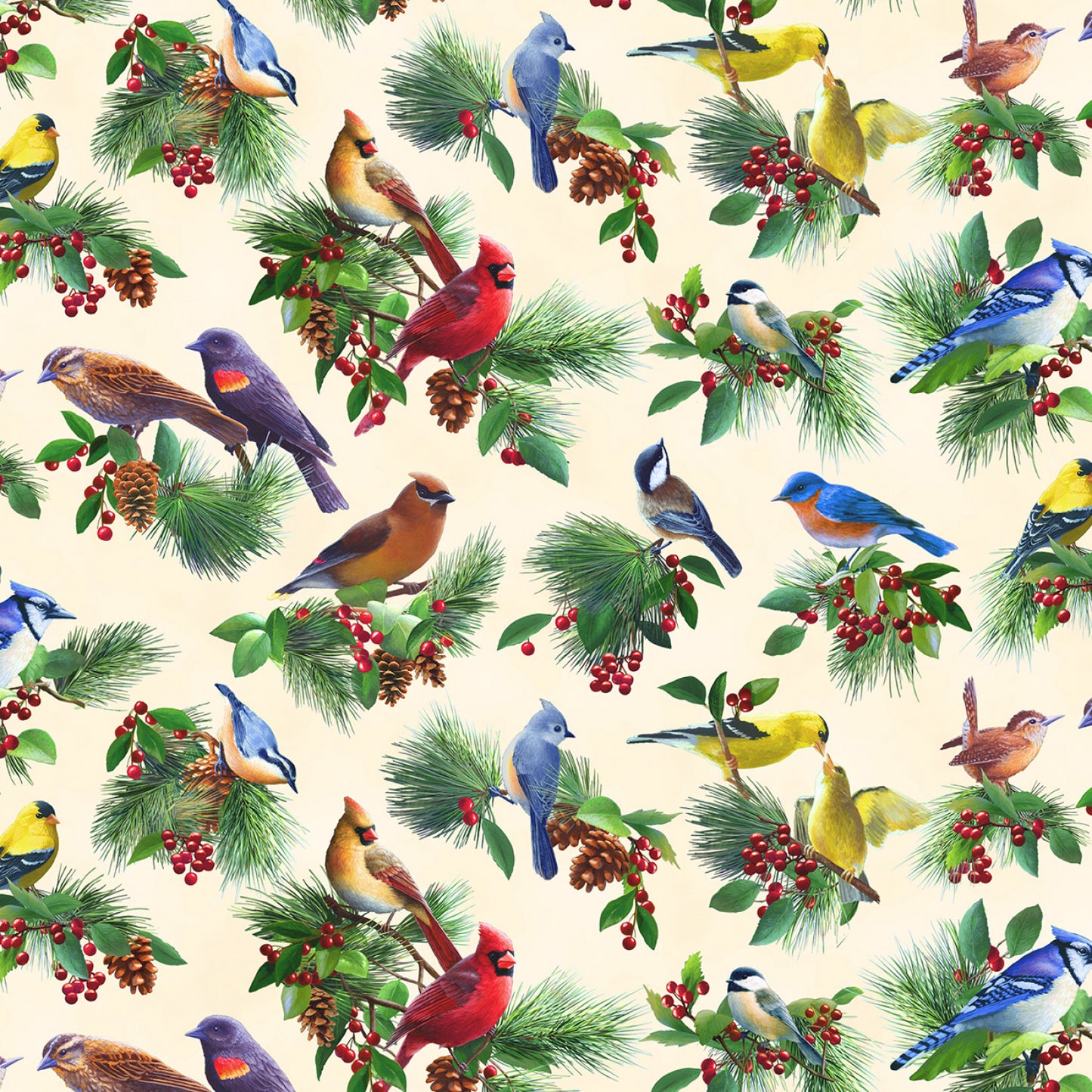 Birds & Berries Allover Birds Cream Bradley Jackson Elizabeth's Studio Cotton Fabric