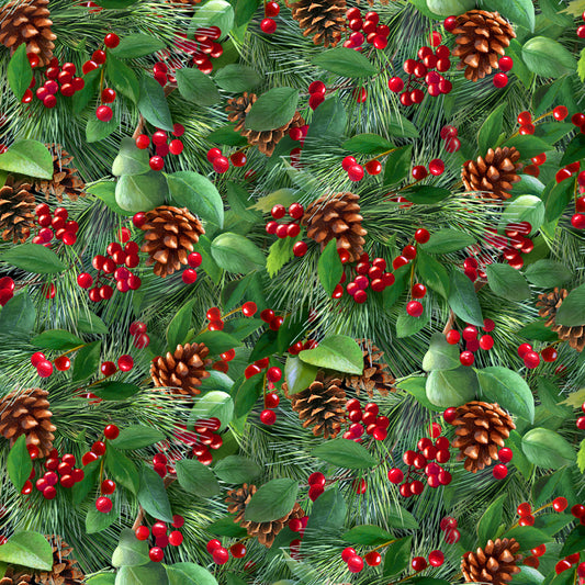 Birds & Berries Packed Pinecones and Berries Green Bradley Jackson Elizabeth's Studio Cotton Fabric