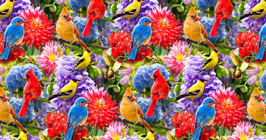 Birds and flowers allover David Textiles Cotton Fabric