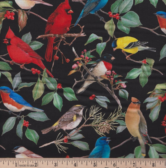 Birds and Hollies Prints Black Multi Four Seasons David Textiles Cotton Fabric DT-WW-3114-9C-2