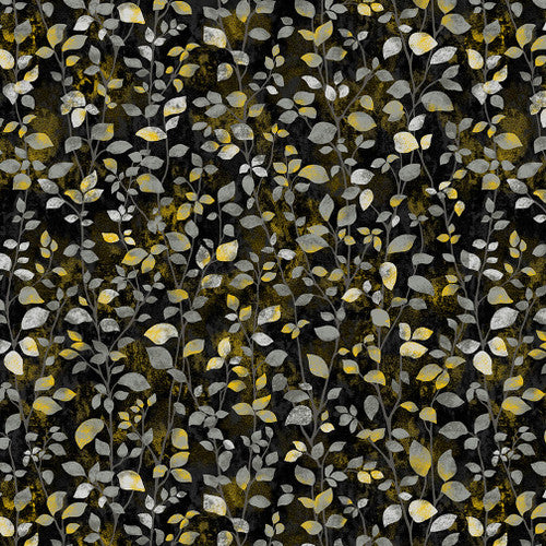 Black, White & 24 Karat Leafy Gold Black Color Principle Henry Glass Cotton Fabric