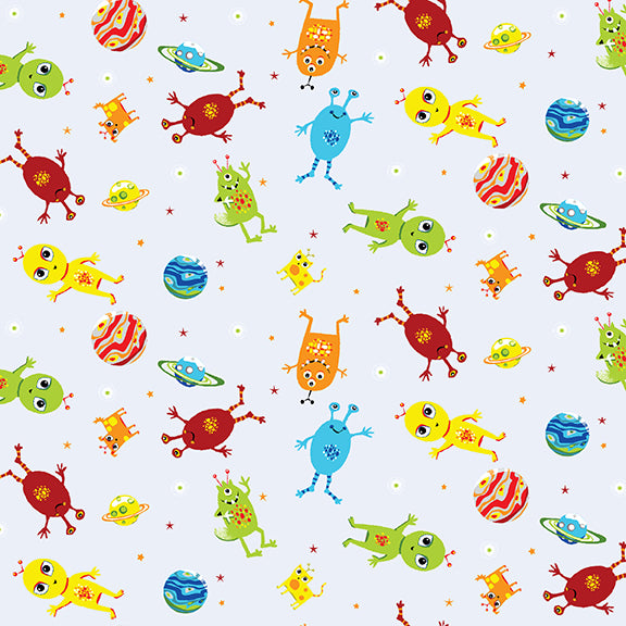 Blast off into Space Aliens Tossed Allover Gray Kate Mawdsley Henry Glass Cotton Fabric | US Fabric Shop