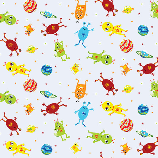 Blast off into Space Aliens Tossed Allover Gray Kate Mawdsley Henry Glass Cotton Fabric