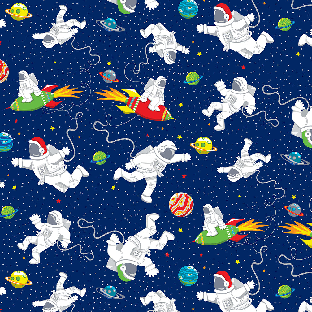 Blast off into Space Astronaut Allover Navy Kate Mawdsley Henry Glass Cotton Fabric