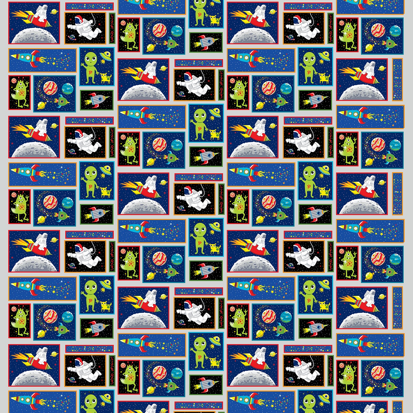 Blast off into Space Blocks Continuous Gray Kate Mawdsley Henry Glass Cotton Fabric