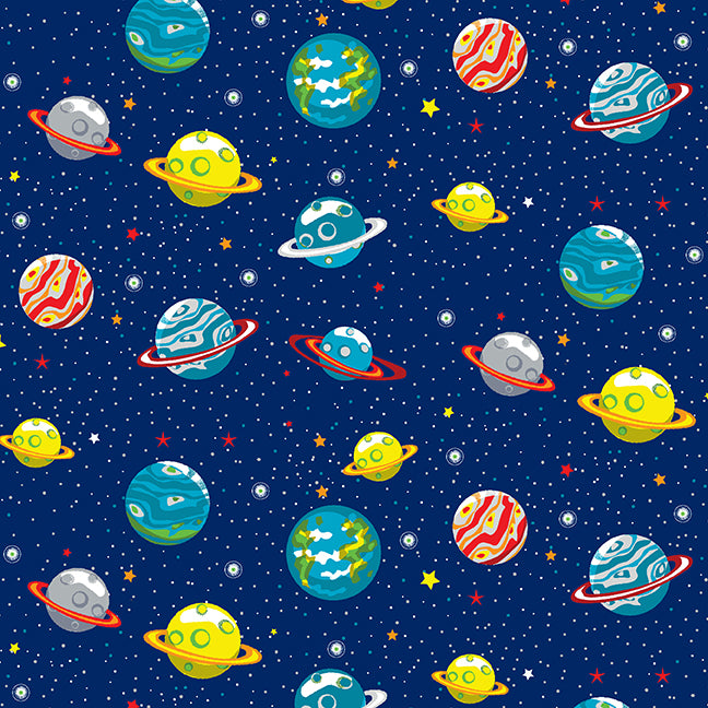 Blast off into Space Planets Allover Navy Kate Mawdsley Henry Glass Cotton Fabric