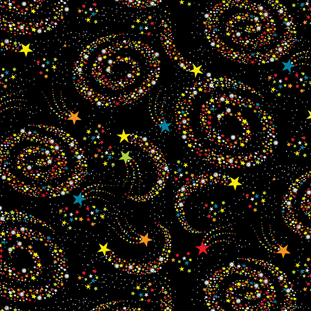 Blast off into Space Spiral Stars Black Kate Mawdsley Henry Glass Cotton Fabric