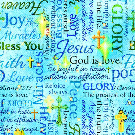 Blessings Faith Inspirational Words Light Blue Oasis Cotton Fabric OA-59-9341