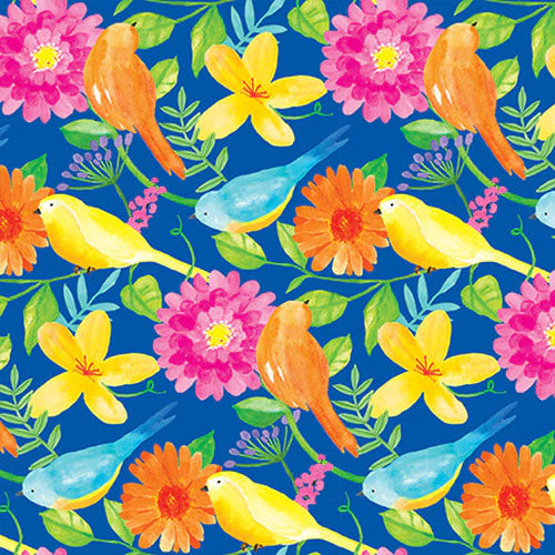 Bloom Bouquet II Birds Flowers Dark Blue Color Pop Studio Blank Quilting Cotton Fabric