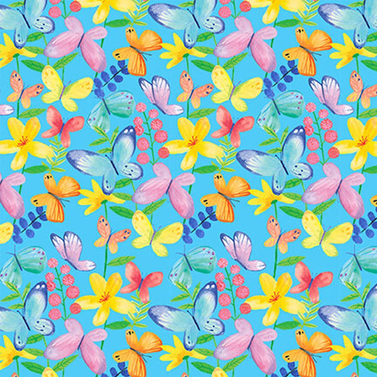 Bloom Bouquet II Butterflies Allover Medium Blue Color Pop Studio Blank Quilting Cotton Fabric