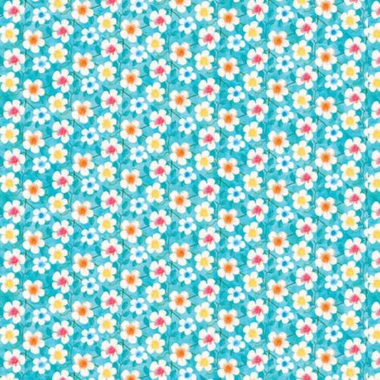 Bloom Bouquet II White Flowers Medium Blue Color Pop Studio Blank Quilting Cotton Fabric