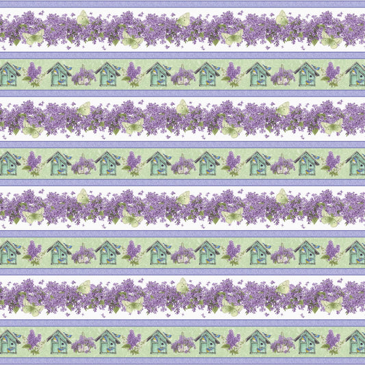 Bloomerang Border Stripe Lilac Bird House Multi Jane Shasky Henry Glass Cotton Fabric